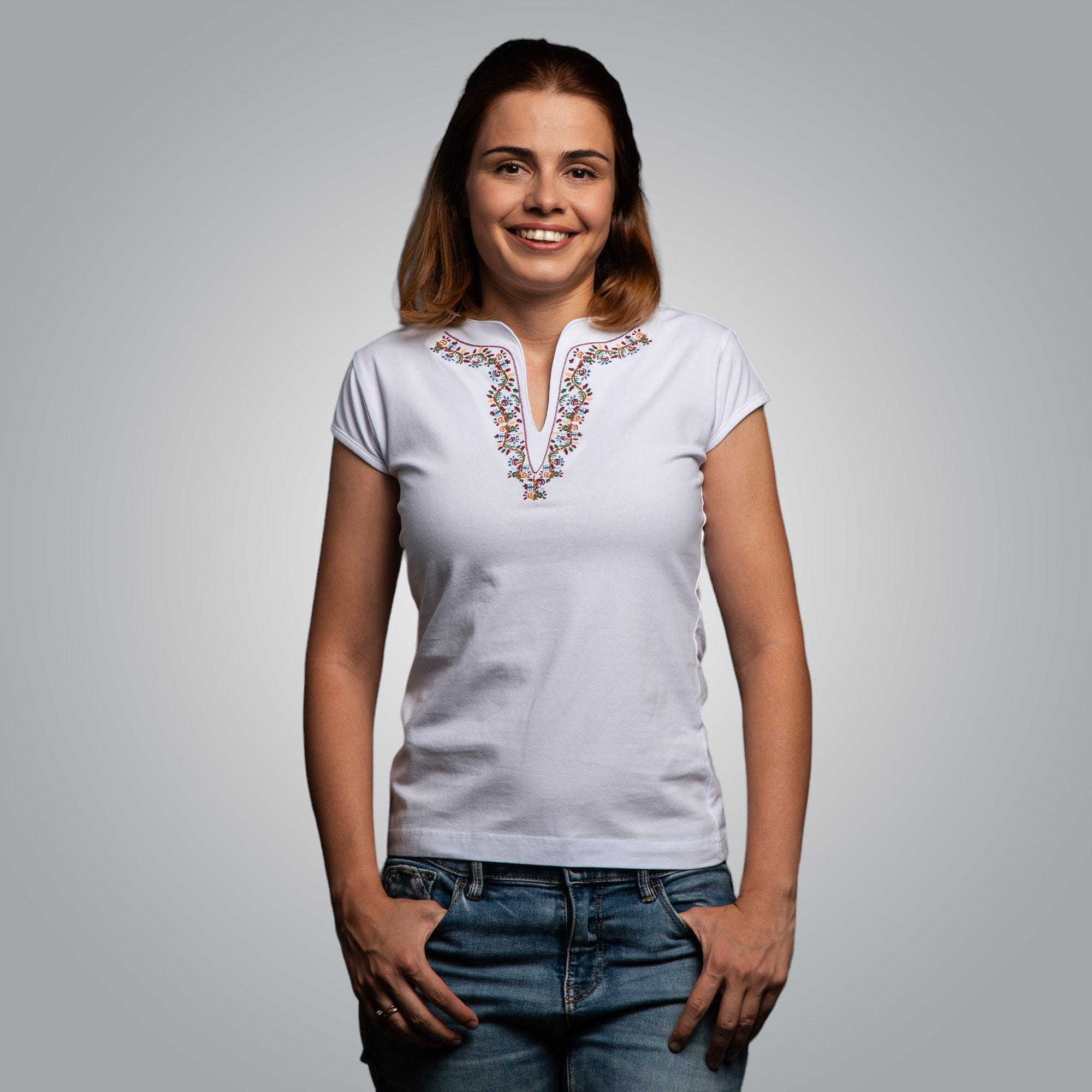 V-neck T-shirt embroidered with embroidery from Dryanovo