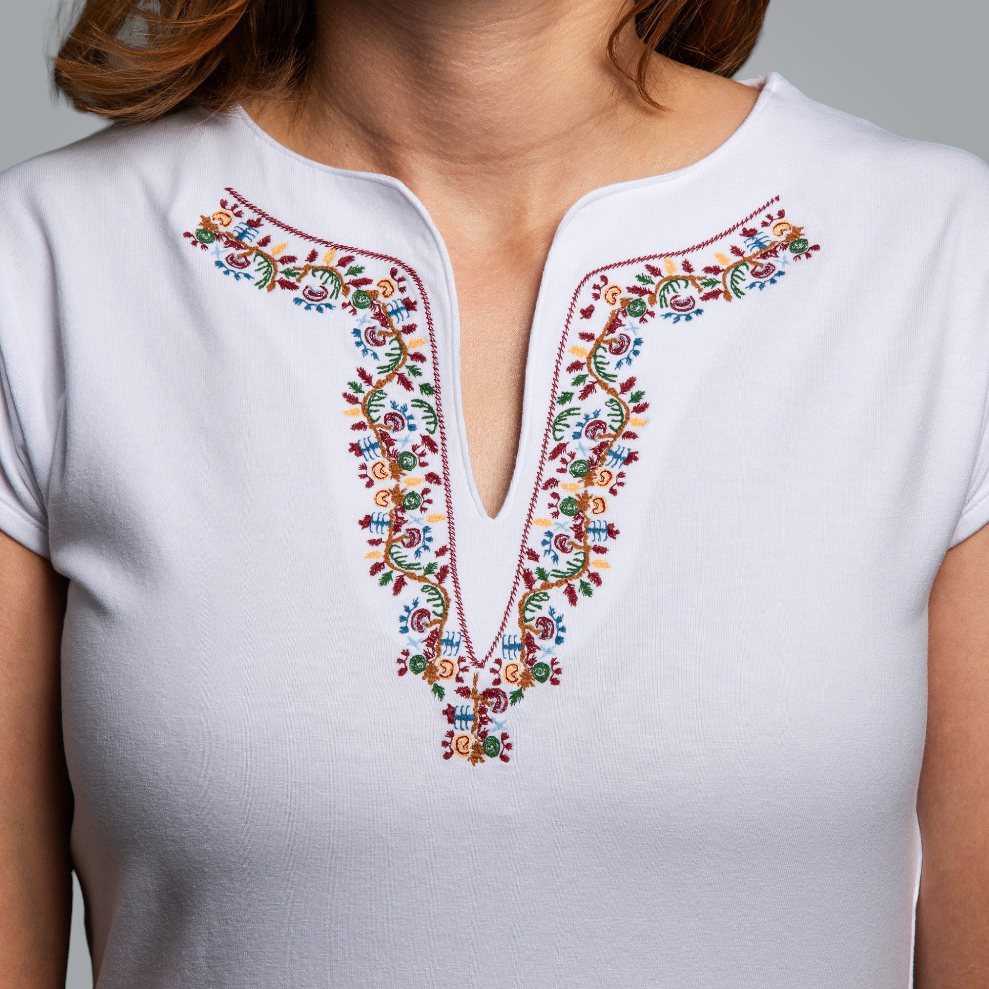 V-neck T-shirt embroidered with embroidery from Dryanovo